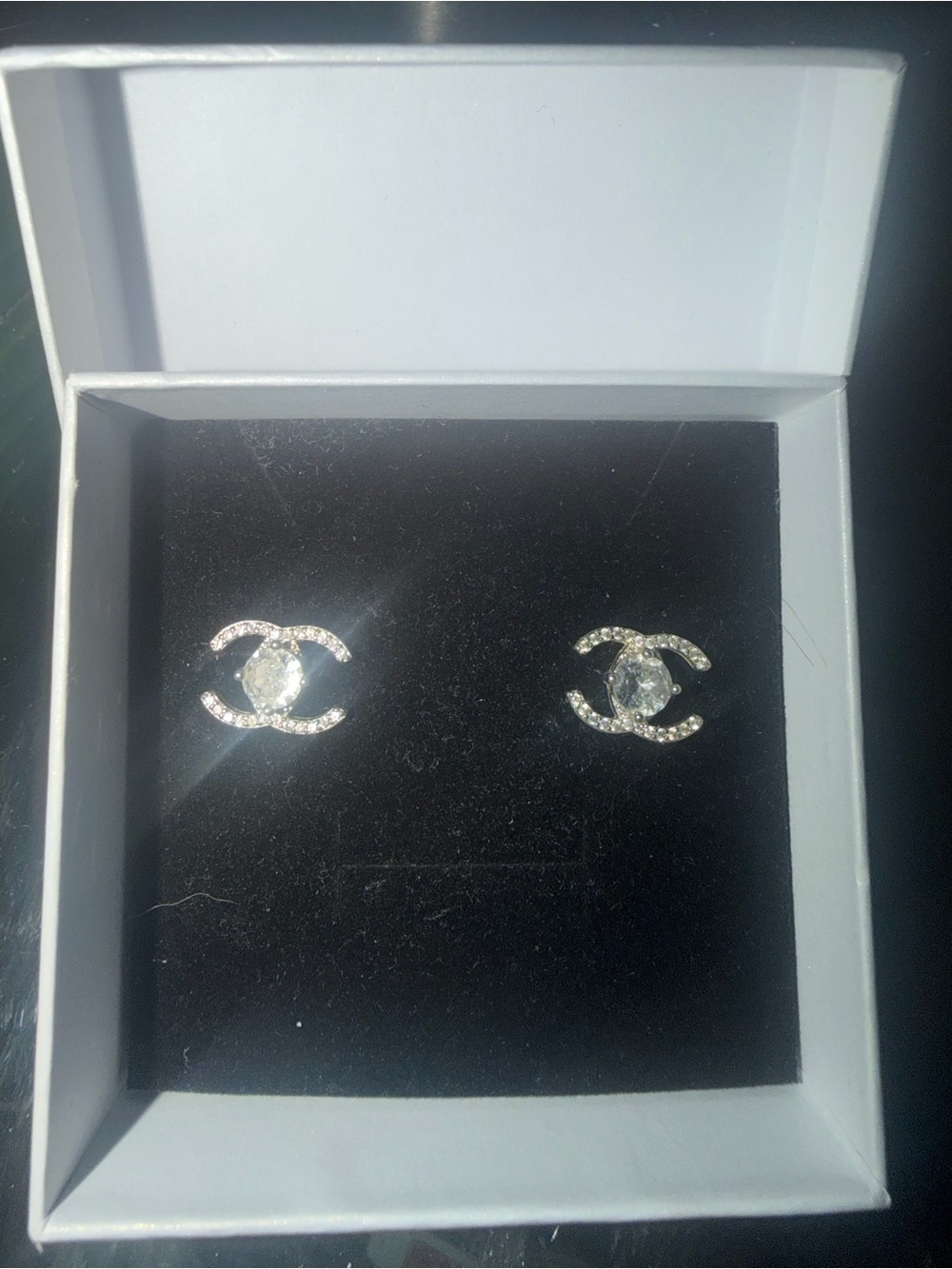 Silver-Tone Crystal CC Logo Stud Earrings
